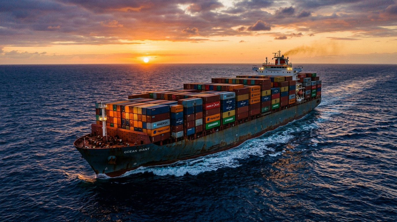 Massive container cargo ship navigating open ocean waters at dusk