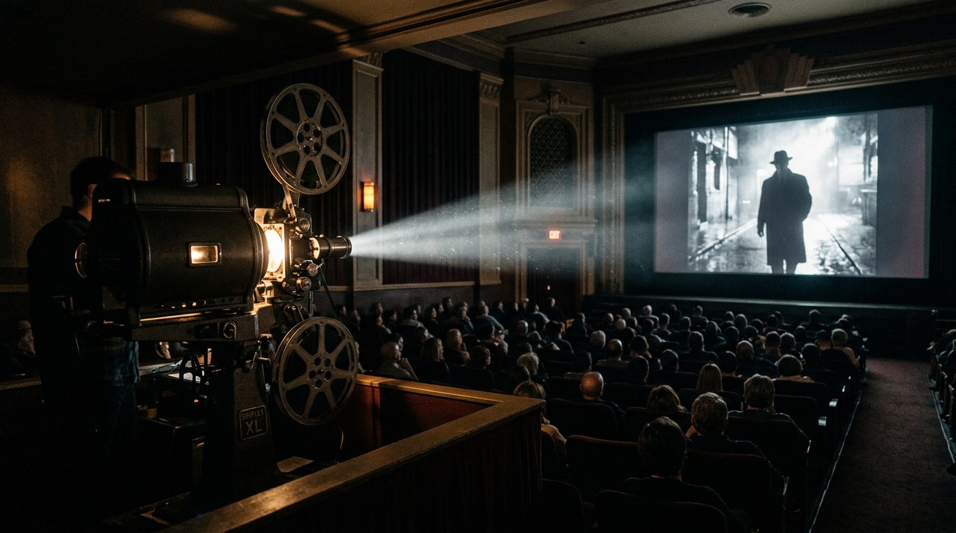 Atmospheric 35mm film projector casting light through a theater illuminating a film noir figure on screen