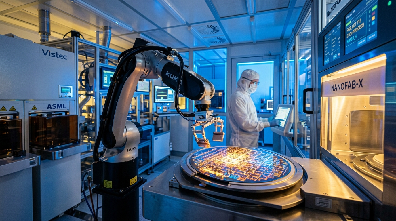 High-tech robotic arm manufacturing silicon wafers in semiconductor cleanroom